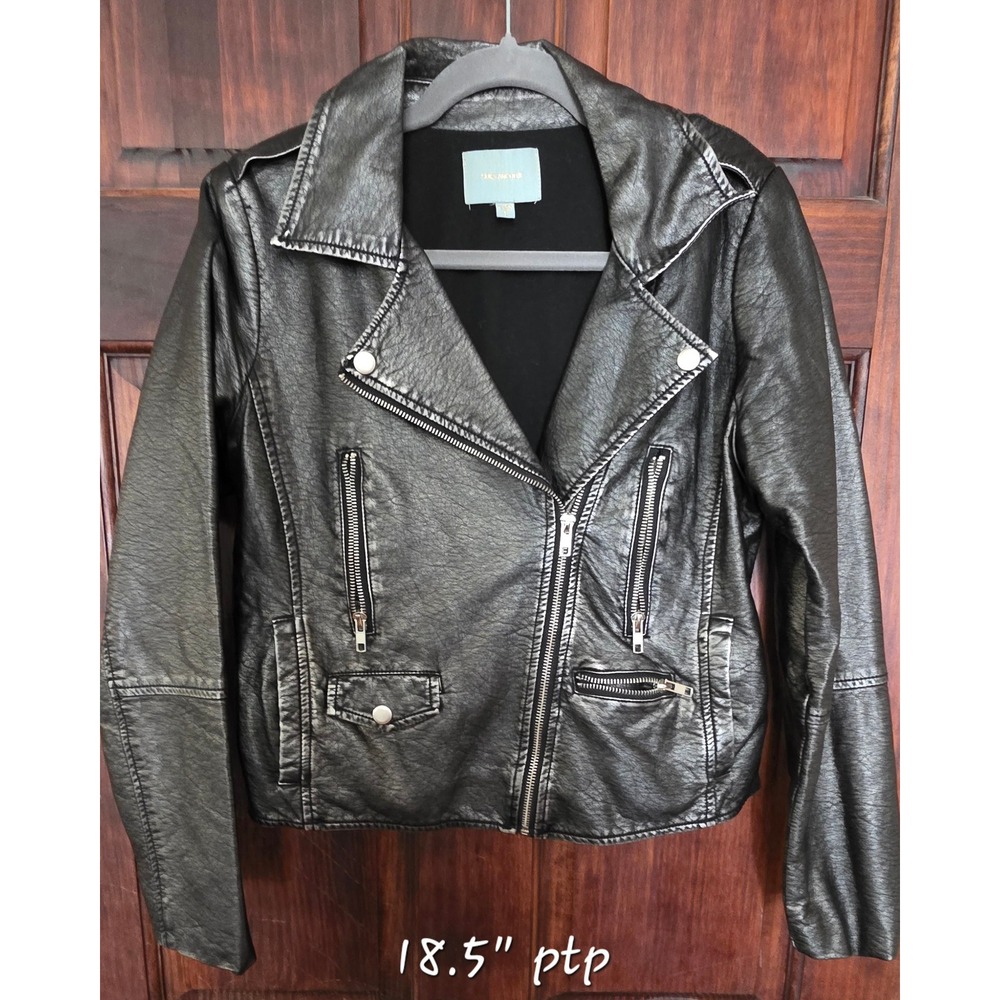 Skies Are Blue Metallic Pewter Faux Leather Moto Jacket Silver Small 21705DL